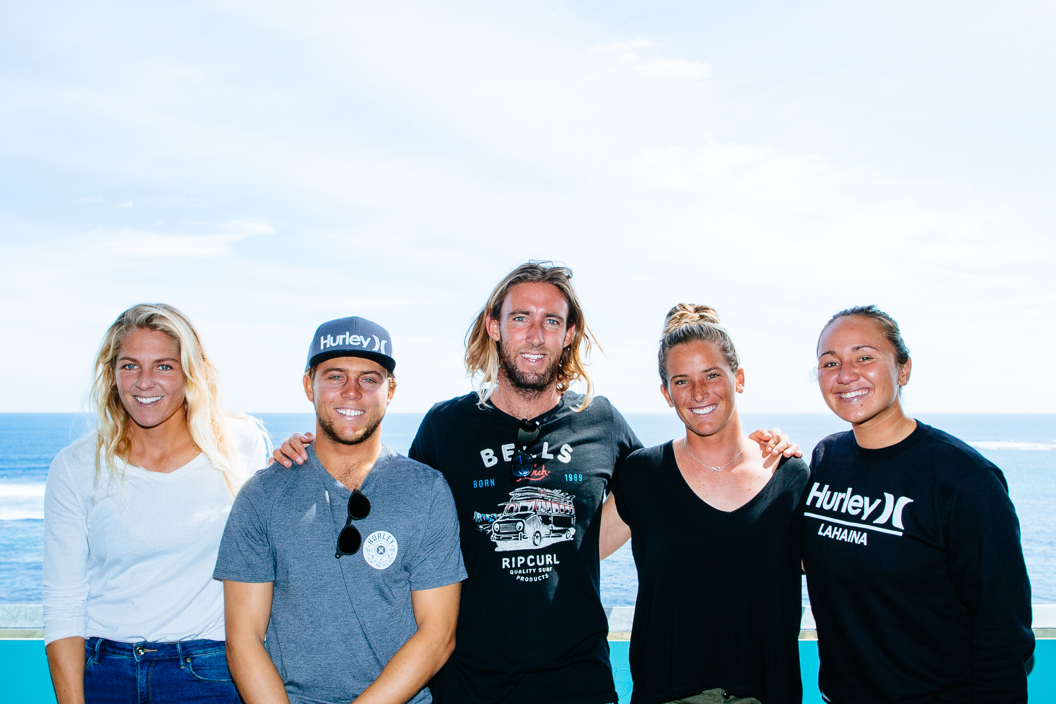 Stephanie Gilmore (AUS), Conner Coffin (USA), Matt Wilkinson (AUS), Courtney Conlogue (USA) and Carissa Moore (HAW) are ready to do battle at the 2016 Drug Aware Margaret River Pro.   Image: WSL / Sloane
