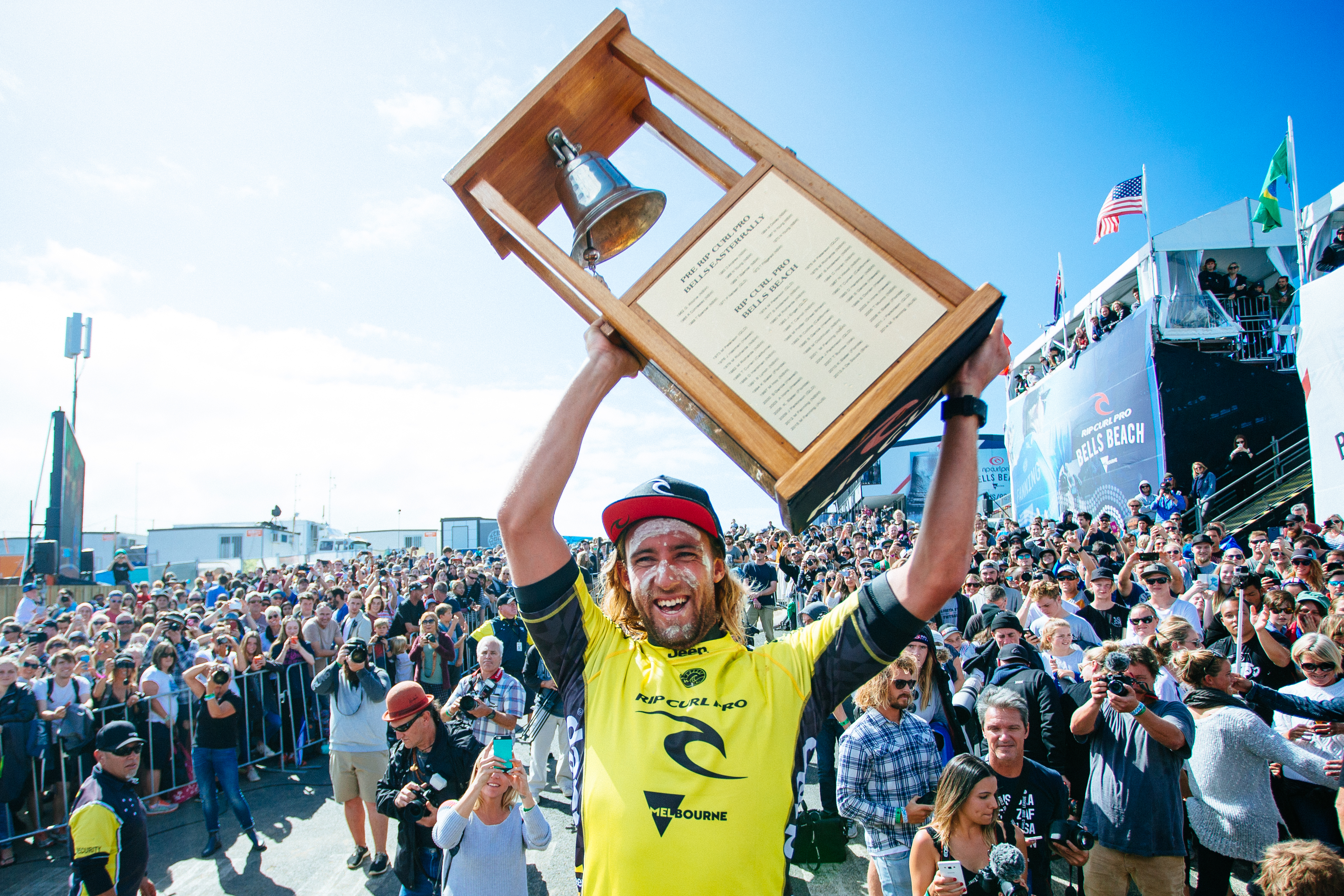 Matt Wilkinson (AUS) claims his first victory at the Rip Curl Pro Bells Beach.  Image: WSL / Sloane