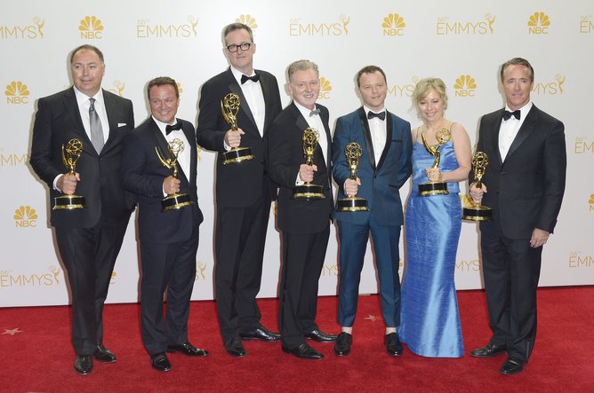The Fargo production team hold the Emmy for outstanding miniseries during the 66th annual Primetime Emmy Awards in Los Angeles. EPA/ Paul Buck