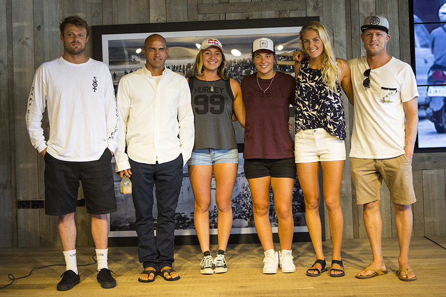 Dane Reynolds, Kelly Slater, Carissa Moore, Tyler Wright, Stephanie Gilmore and Mick Fanning at the Quiksilver and Roxy Pro press launch at the Quiksilver Boardriders store in Coolangatta. Image: WSL / Kirstin Scholtz Dane Reynolds, Kelly Slater, Carissa Moore, Tyler Wright, Stephanie Gilmore and Mick Fanning at the Quiksilver and Roxy Pro press launch at the Quiksilver Boardriders store in Coolangatta. Image: WSL / Kirstin Scholtz