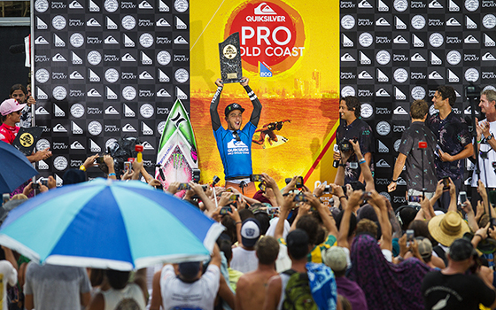 Young Brazilian Filipe Toledo celebrates winning the Quiksilver Pro Gold Coast. Image: WSL / Kelly Cestari