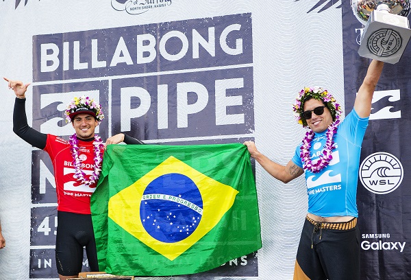 Gabriel Medina (left) celebrates the 2015 WSL Title clinching by compatriot Adriano de Souza (right) at the Billabong Pipe Masters in Memory of Andy Irons. In addition to claiming the 2015 WSL Title, De Souza made history as the first Brazilian to win the Pipe Masters while Medina, the 2014 WSL Champion, made history as the first Brazilian Vans Triple Crown winner. Image: WSL / Kirstin abriel Medina (left) celebrates the 2015 WSL Title clinching by compatriot Adriano de Souza (right) at the Billabong Pipe Masters in Memory of Andy Irons. In addition to claiming the 2015 WSL Title, De Souza made history as the first Brazilian to win the Pipe Masters while Medina, the 2014 WSL Champion, made history as the first Brazilian Vans Triple Crown winner. Image: WSL / Kirstin